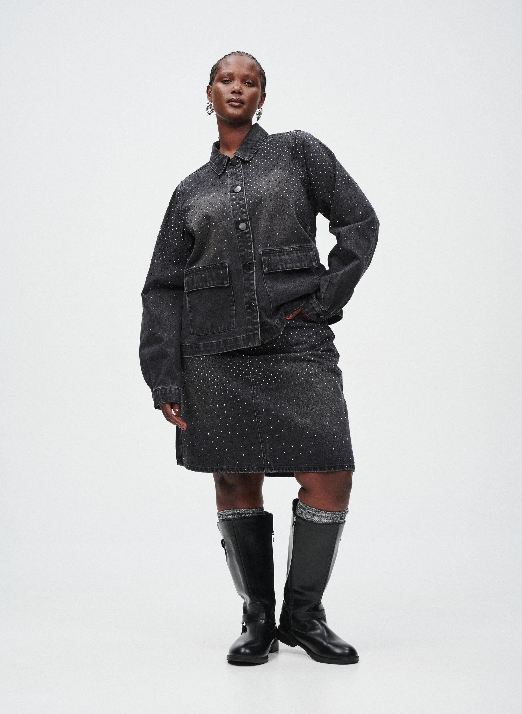 ZizziKurzer Jeansrock mit Strasssteinen, Grau, Image image number 0