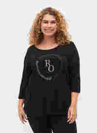 Baumwoll-T-Shirt mit 3/4 Ärmeln, Black RO, Model