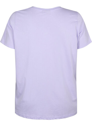 T-Shirt aus Baumwolle mit V-Ausschnitt und Text, Lavender w. Text, Packshot image number 1
