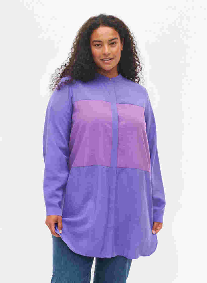 Lange Hemdbluse mit Color-Block, Purple Block, Model image number 0
