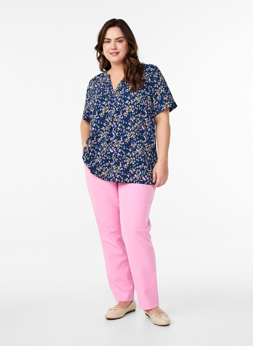 Bluse mit kurzen Ärmeln und V-Ausschnitt, Pink, Model image number 1