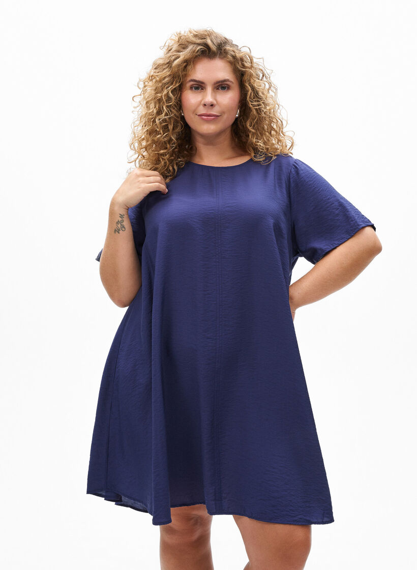 A-Linien-Kleid aus Viskose mit kurzen Ärmeln, Blau, Model image number 0
