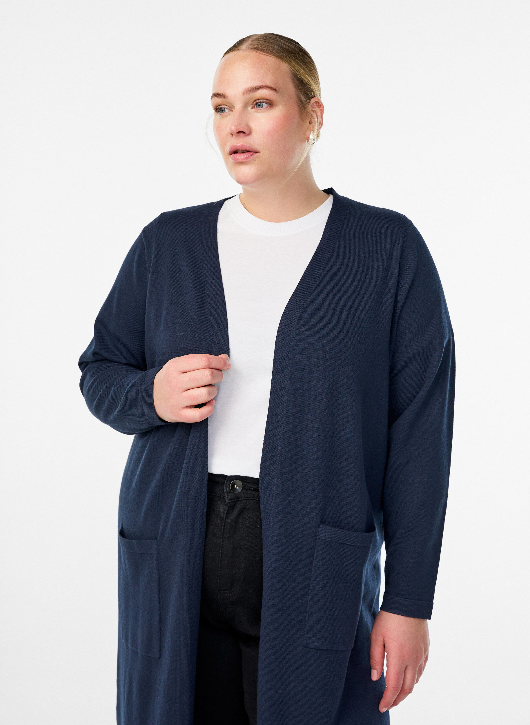 ZizziLange, offene Strickjacke mit Taschen, Blau, Model image number 2