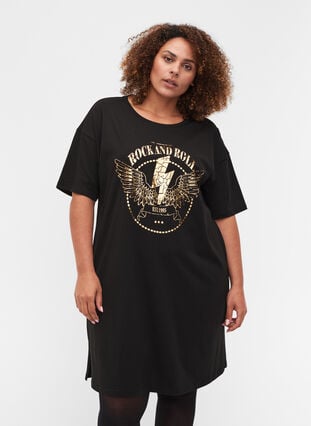 T-Shirt-Kleid aus Baumwolle mit Printdetails, Black w. Gold, Model image number 0
