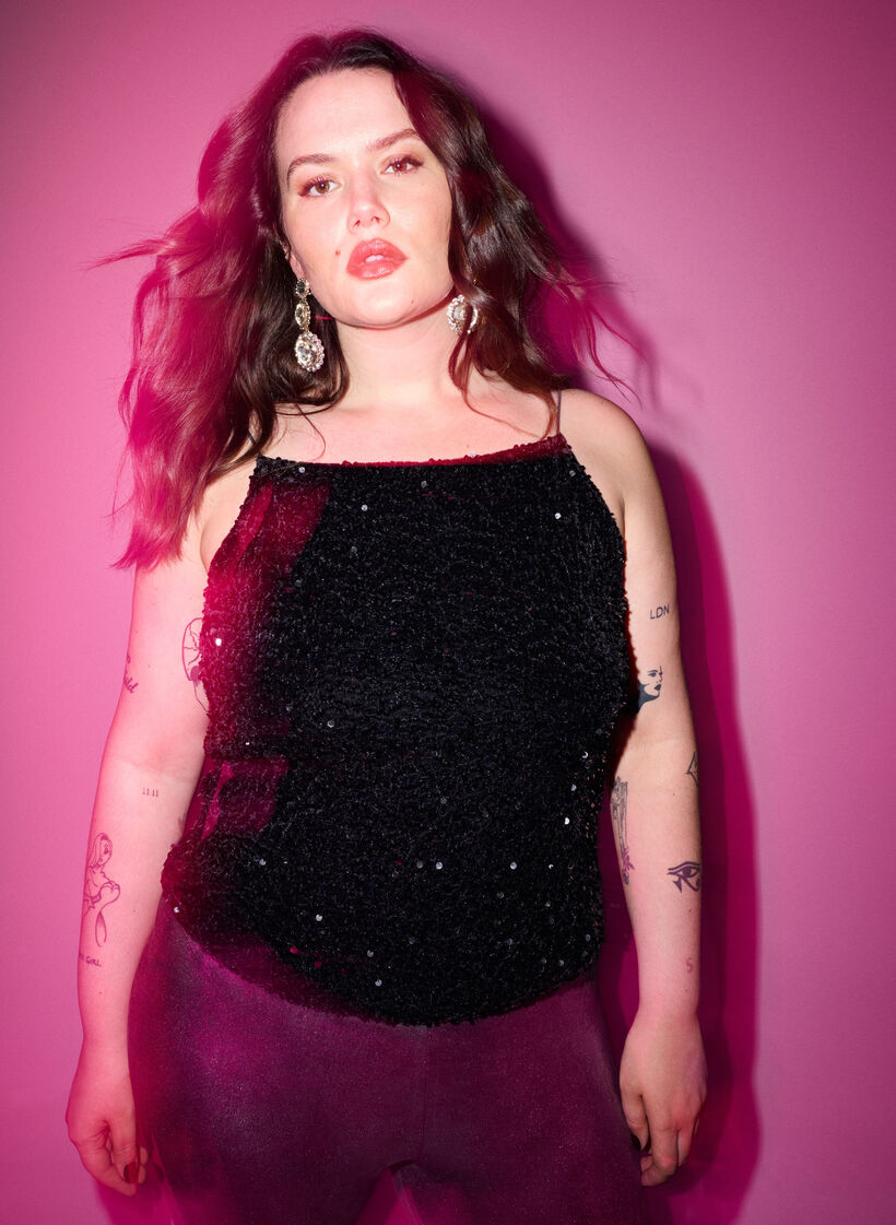 Top mit Pailletten und schmalen Trägern, Black Sequins, Image image number 0