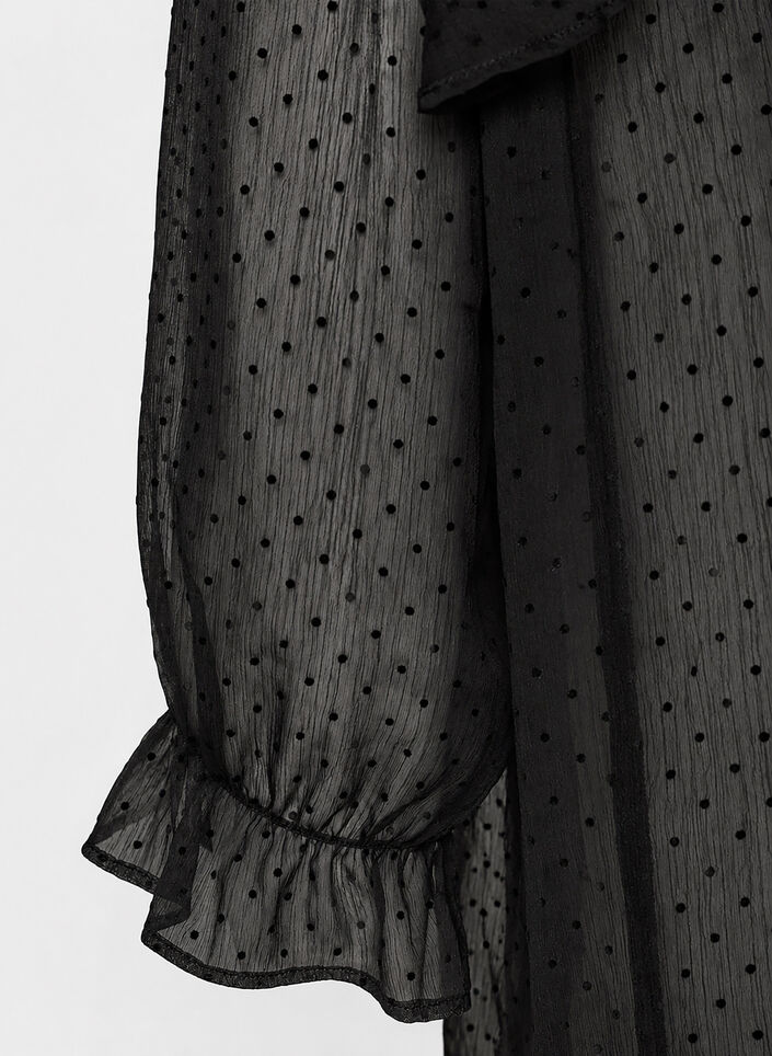Midikleid aus einem leichten, transparenten Stoff mit Punkten und R&uuml;schen, Schwarz, Packshot image number 2