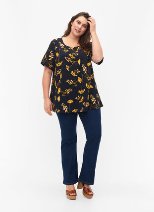 FLASH – Kurzärmelige Bluse mit Print, Night Sky Yellow AOP, Model image number 2