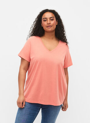 Kurzärmeliges T-Shirt mit V-Ausschnitt, Bright Coral, Model image number 0