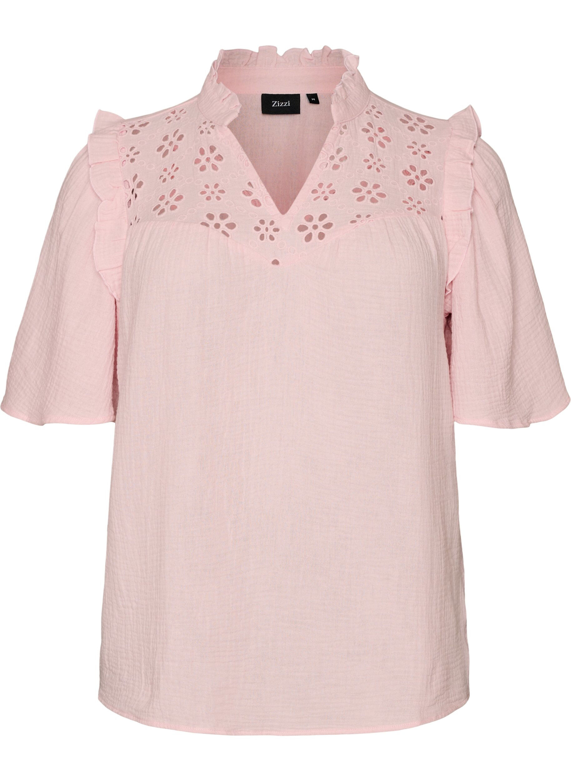 Bluse aus Baumwoll-Musselin mit Broderie Anglaise und 1/2-&Auml;rmeln