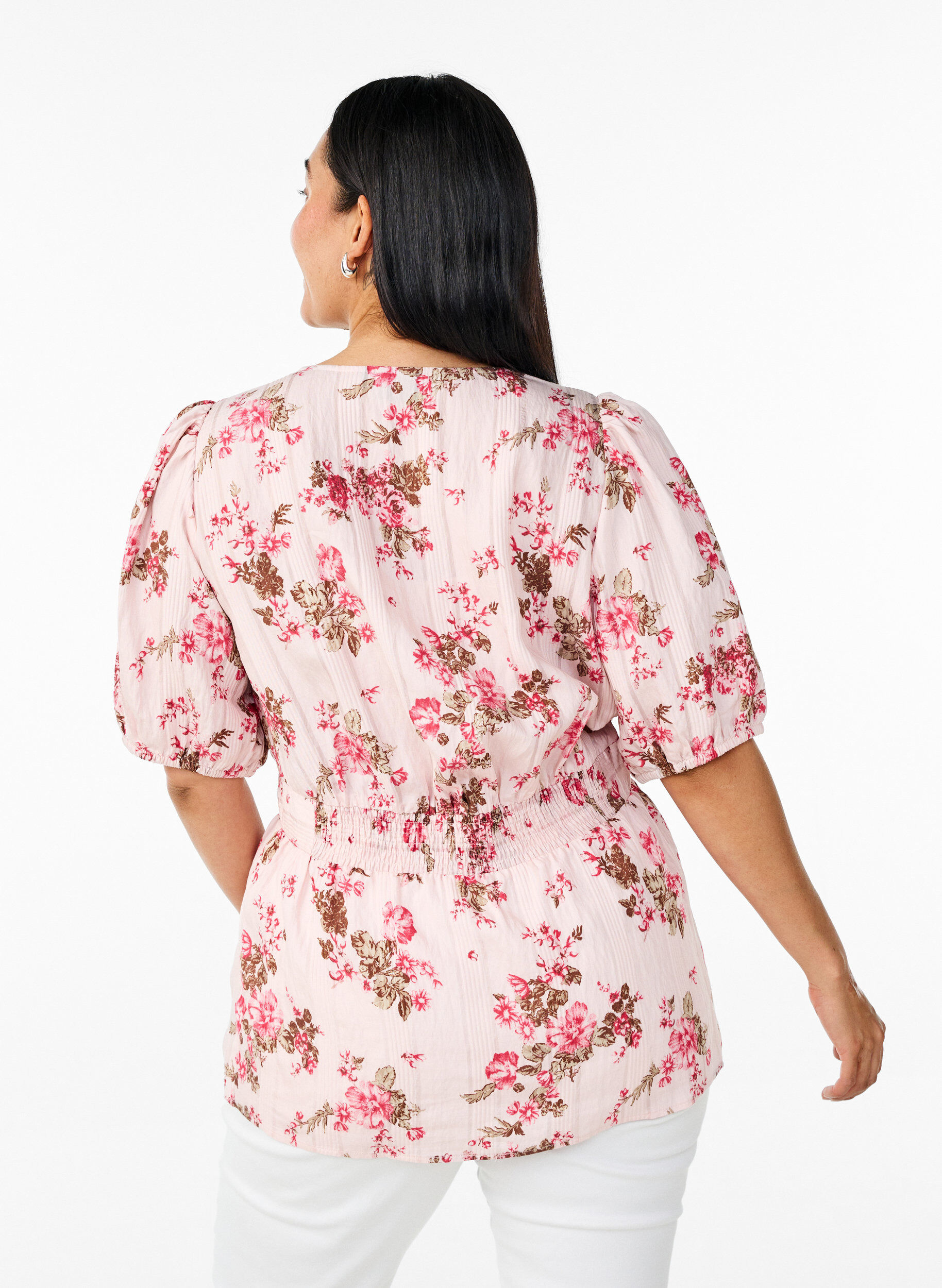 ZizziGebl&uuml;mte Bluse mit kurzen &Auml;rmeln und geraffter Taille, Pink, Model image number 2