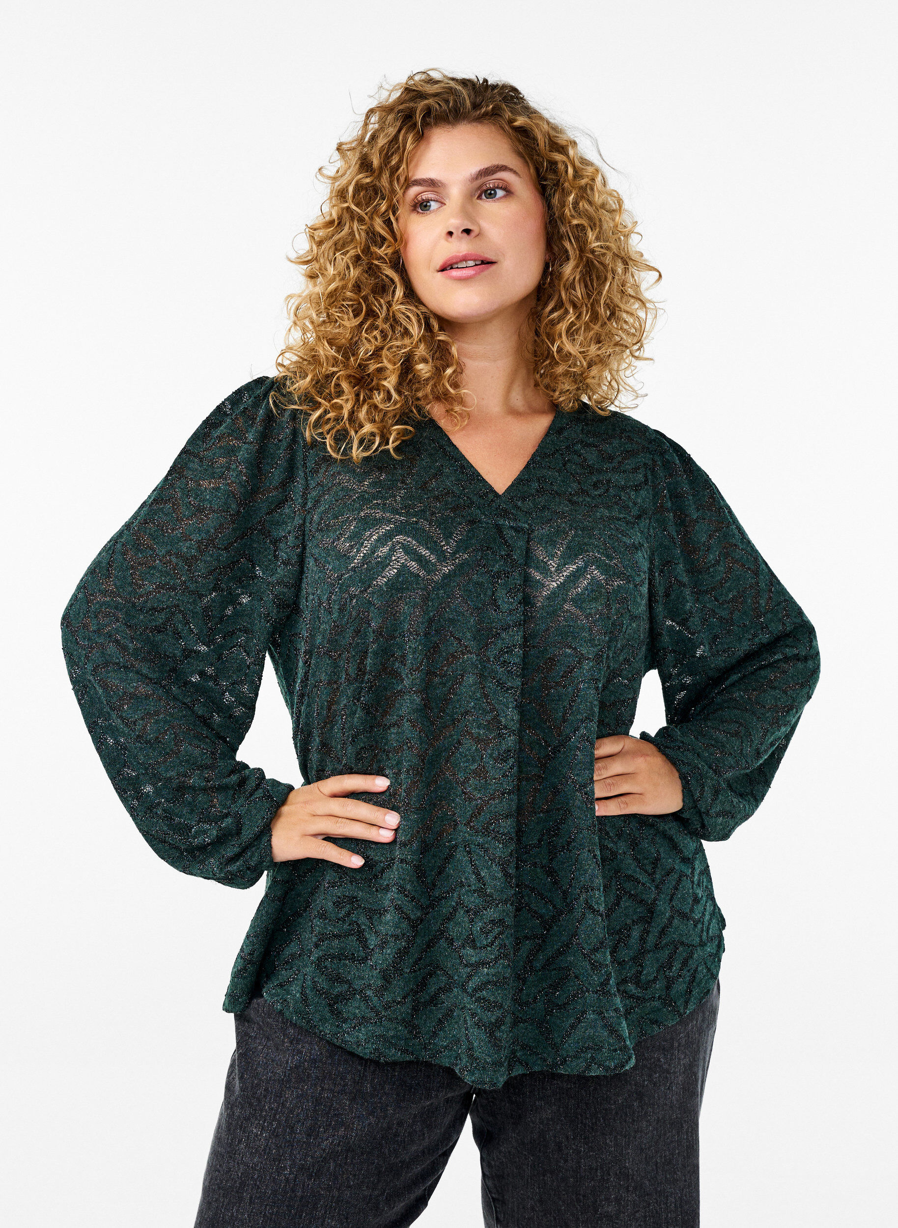 ZizziLang&auml;rmlige Bluse mit Glitzer und Muster, Gr&uuml;n, Model image number 0