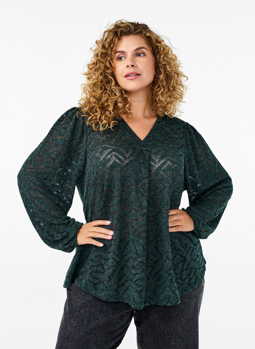 Langärmlige Bluse mit Glitzer und Muster, Grün, Model image number 0
