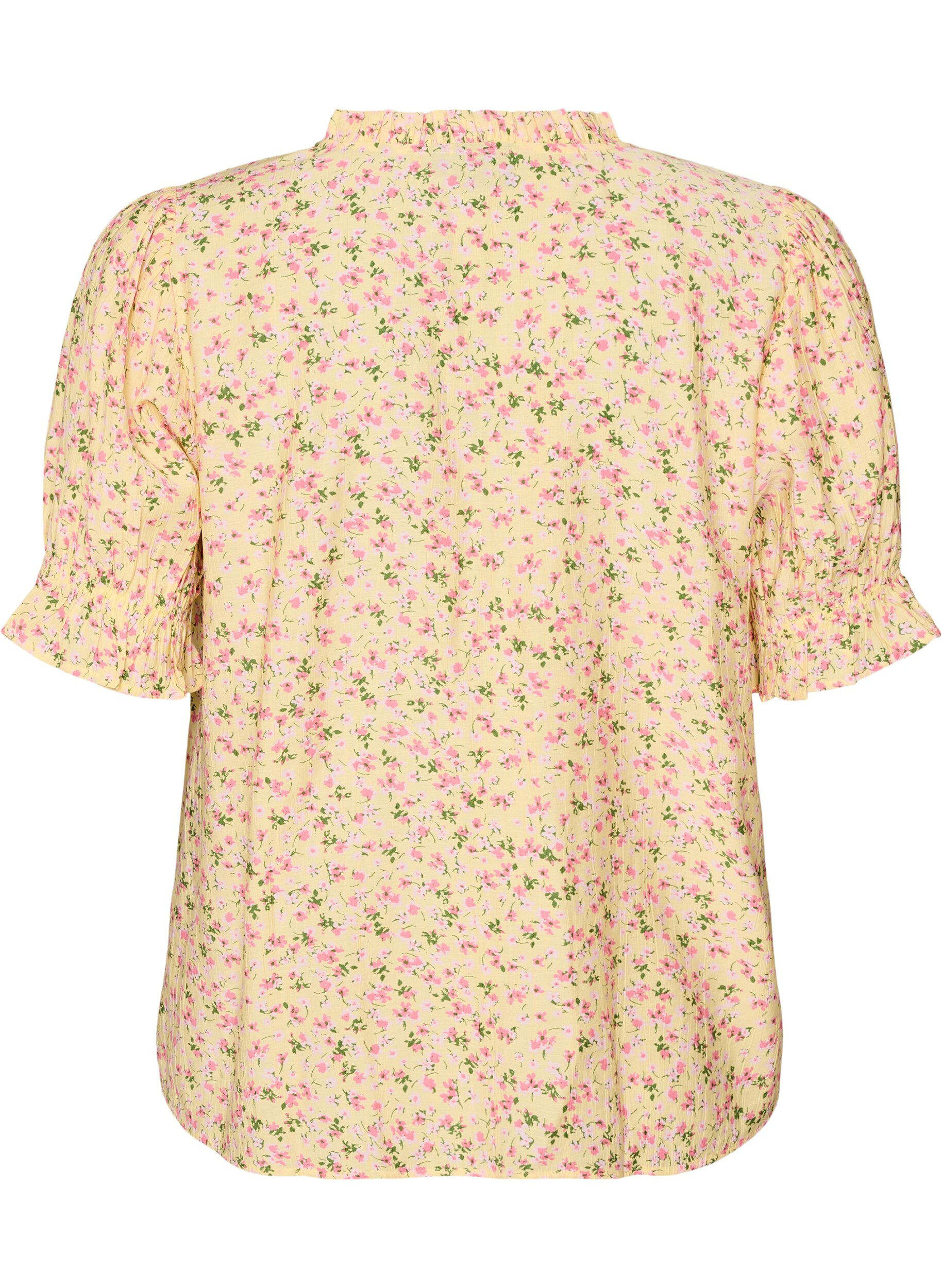 ZizziGebl&uuml;mte Bluse aus Viskose mit kurzen &Auml;rmeln und R&uuml;schenkragen, Gelb, Packshot image number 1