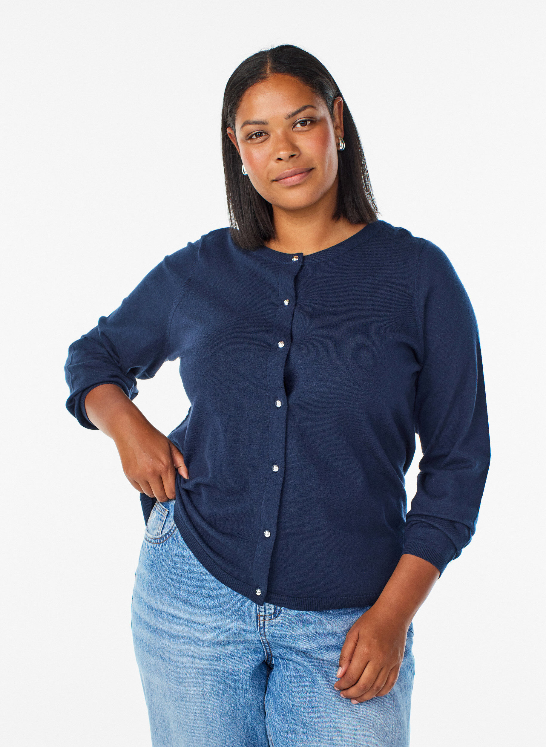Cardigan mit runden Kn&ouml;pfen, Blau, Model