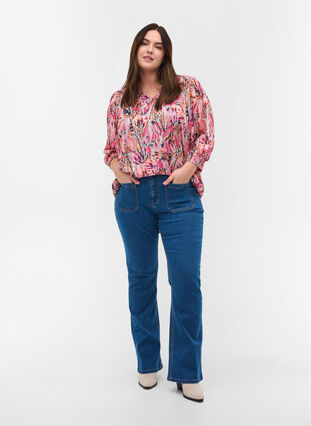 Bluse mit Print, V-Ausschnitt und 3/4-Ärmel, Pink Feather, Model image number 2
