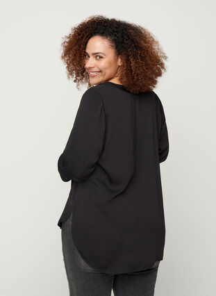Bluse mit 3/4-Ärmeln und V-Ausschnitt, Black, Model image number 1