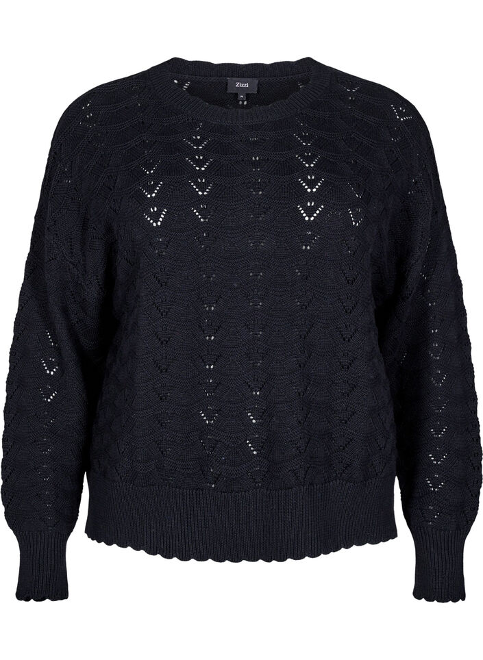 Strickbluse mit Lochmuster und langen Ärmeln, Black, Packshot image number 0