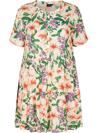 Kurzarm-Kleid aus Viskose mit A-Linie, Tropic AOP, Packshot image number 0