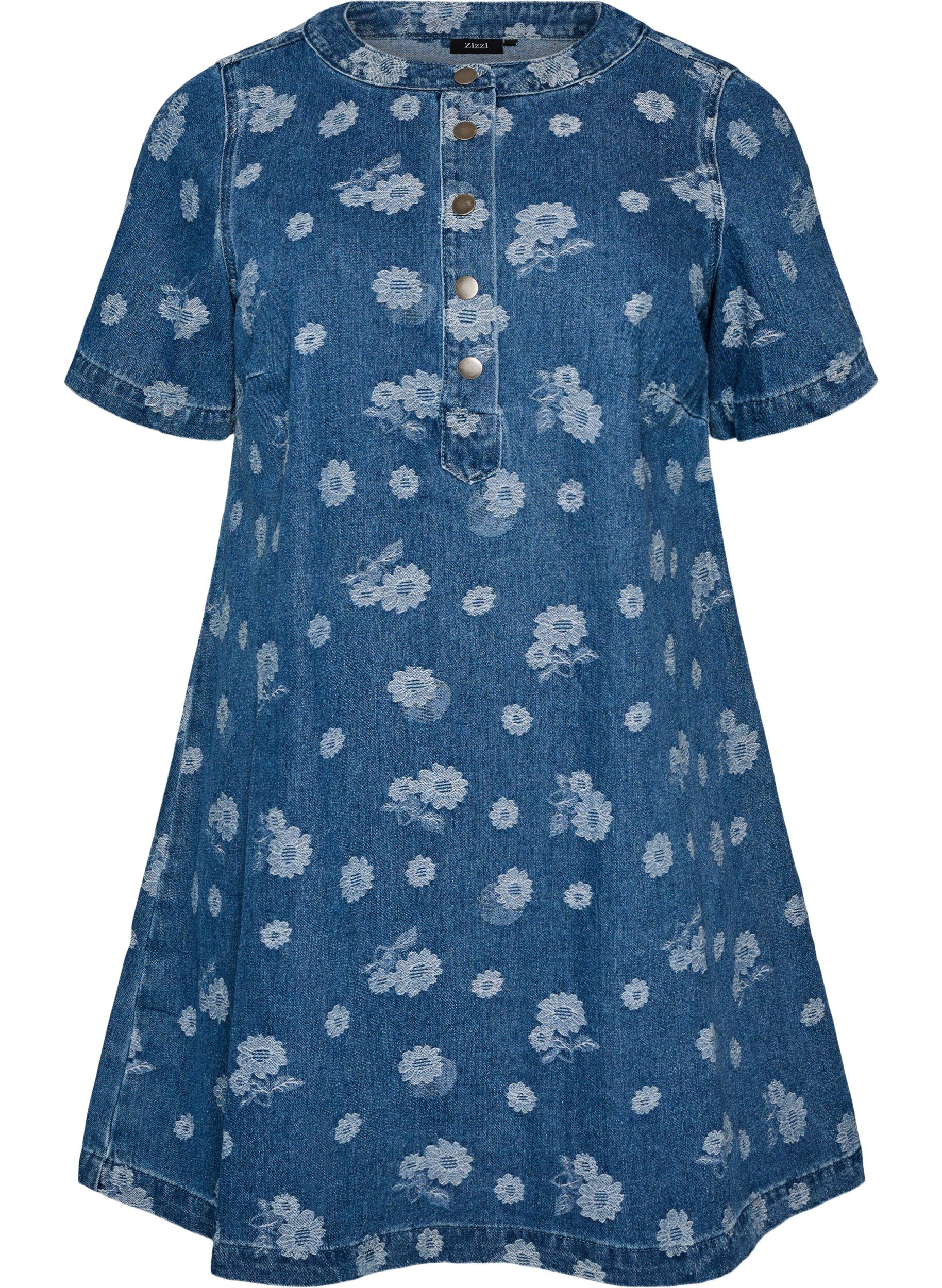 ZizziA-Linien-Kleid aus Denim mit Blumenmuster, Blau, Packshot image number 0