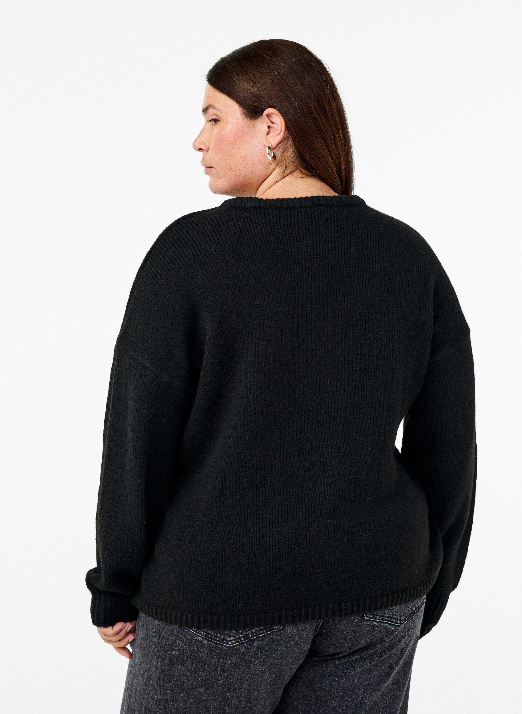 ZizziLang&auml;rmliger Strickpullover mit Wollanteil und Rundhalsausschnitt, Black Solid, Model image number 1