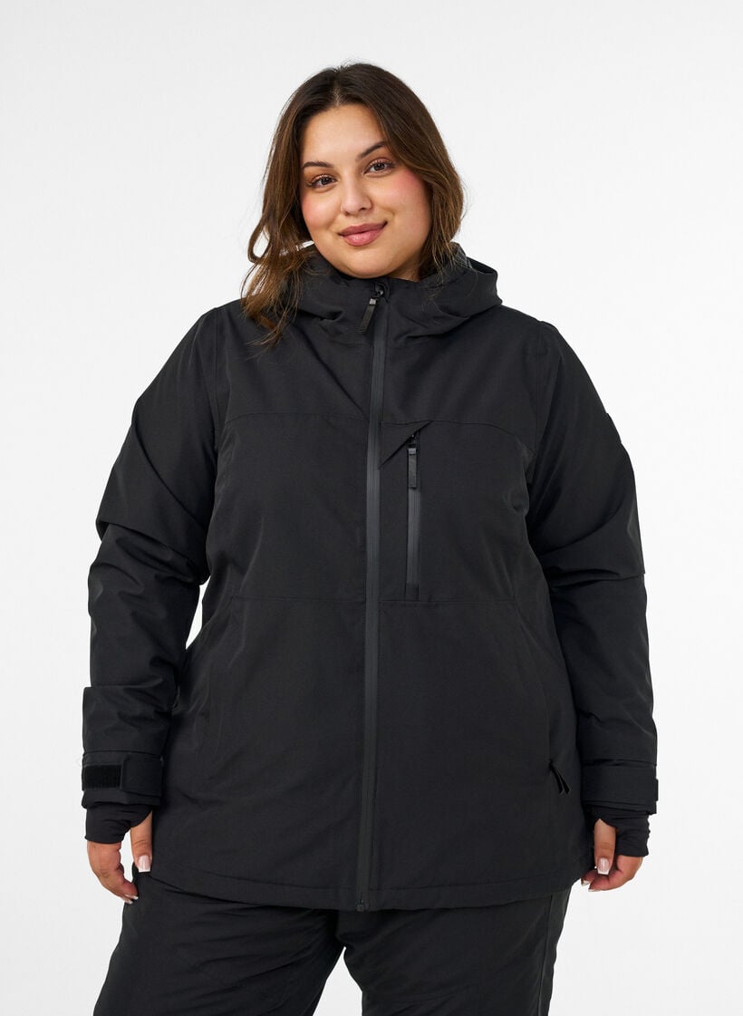 Skijacke mit Kapuze und Rei&szlig;verschlusstaschen, Schwarz, Model image number 0
