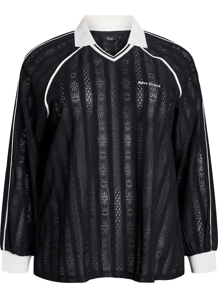 Jerseybluse mit Struktur und Kontrastdetails, Schwarz, Packshot image number 0