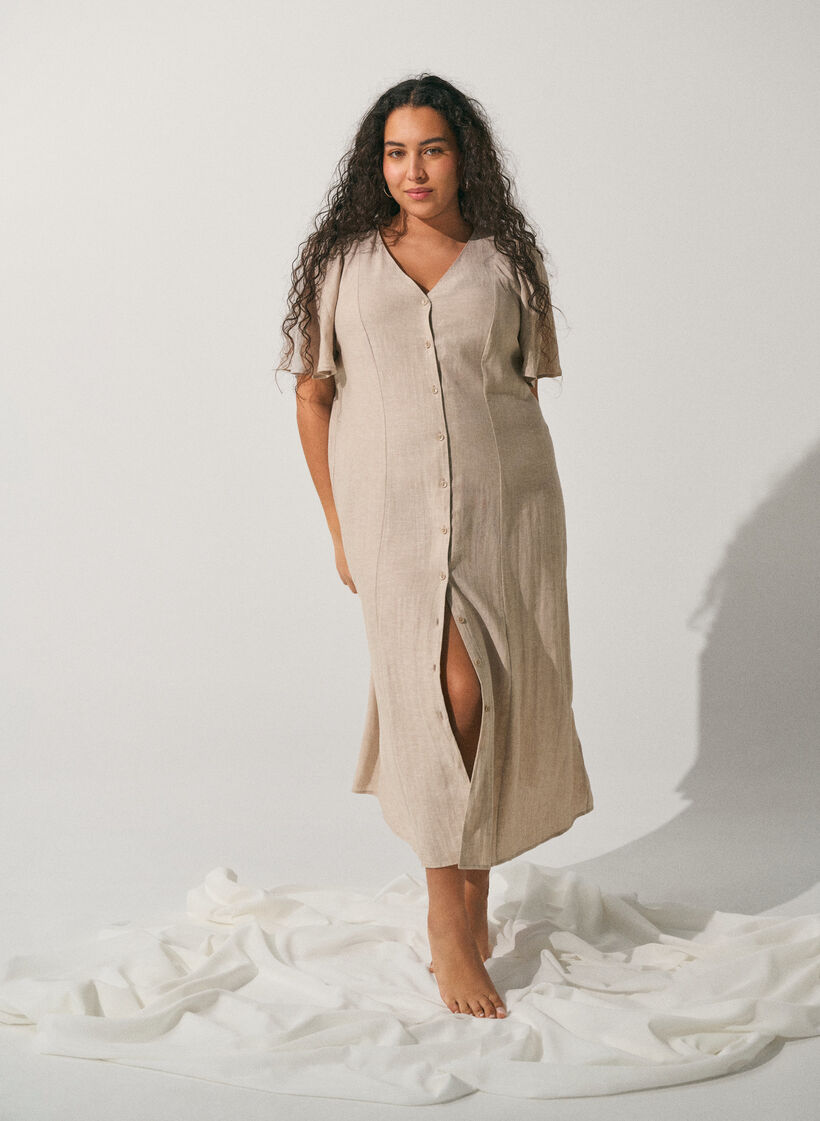 Midikleid aus Leinen und Viskose mit R&uuml;schen&auml;rmeln, Beige, Image image number 0