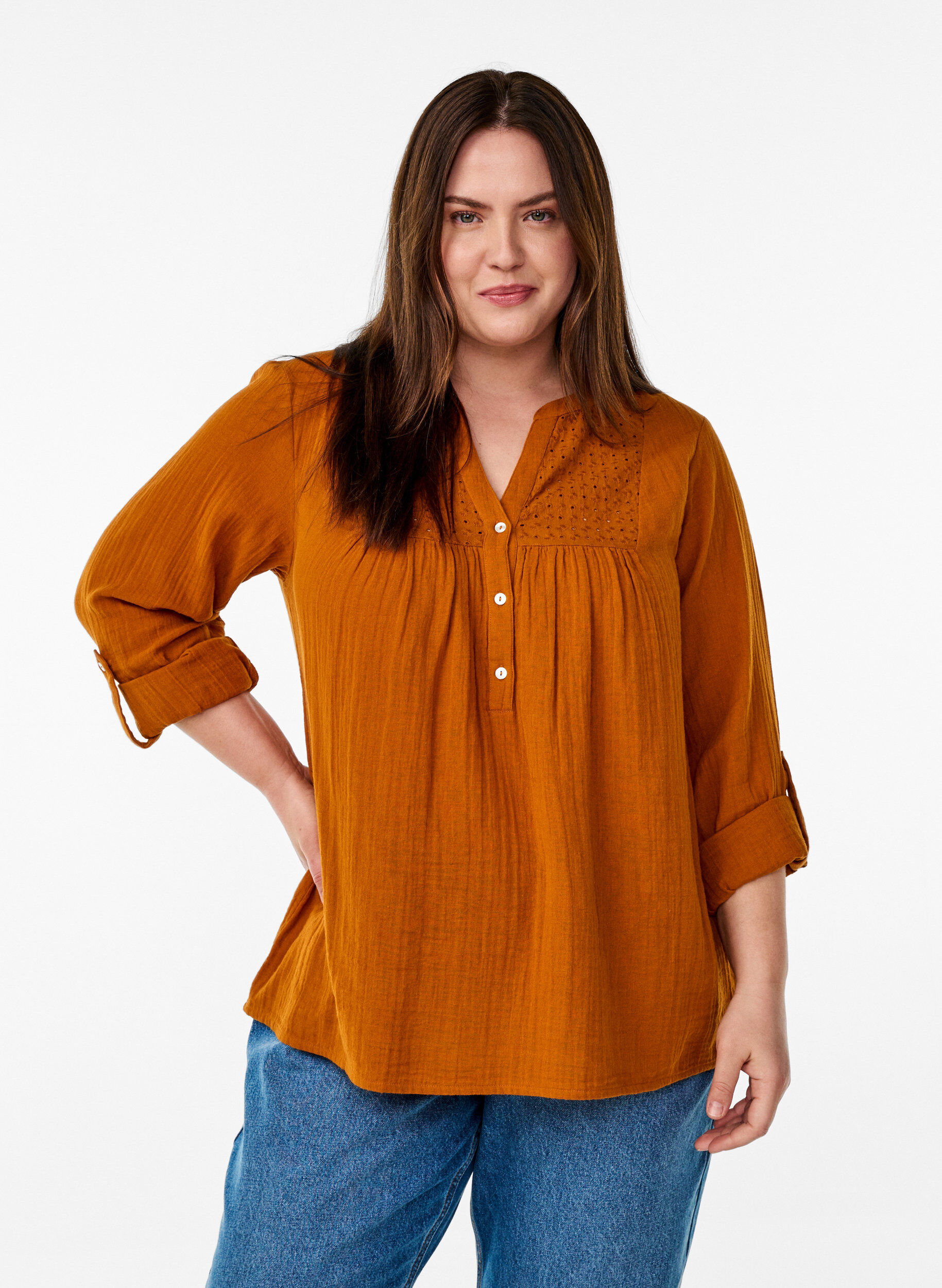 ZizziBluse aus Baumwollmusselin mit Lochstickerei, Orange, Model image number 0