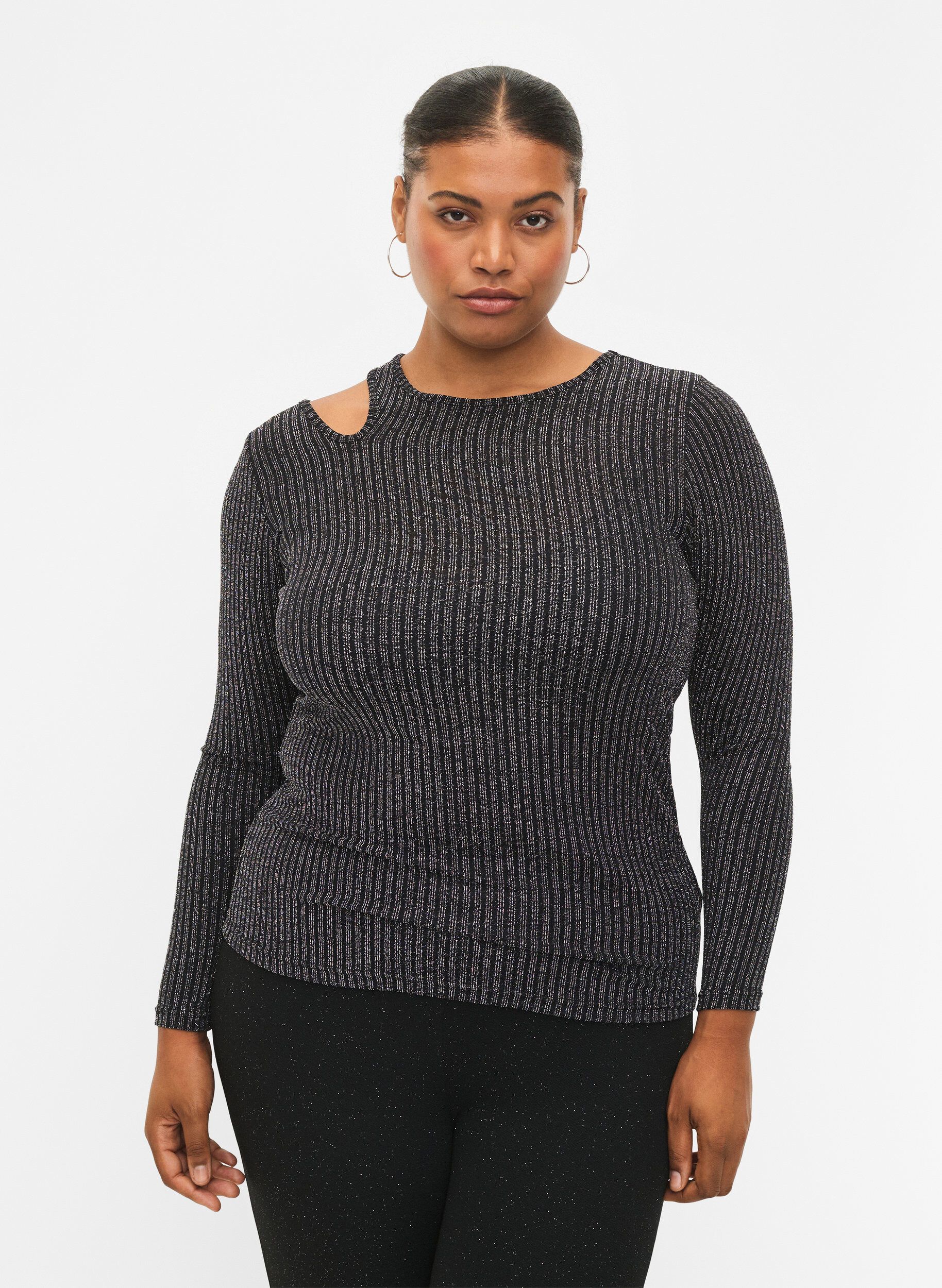 ZizziLang&auml;rmelige Bluse mit Glitzerausschnitt, B. w. Silver Stripes, Model image number 0