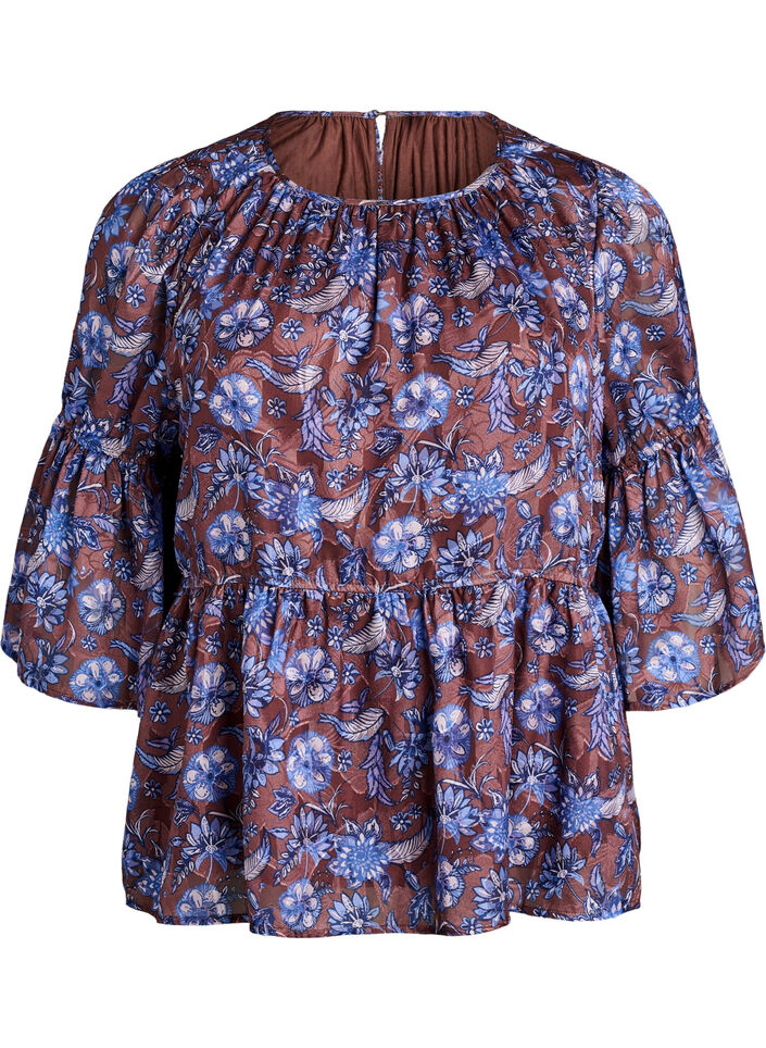 Gebl&uuml;mte Bluse mit R&uuml;schen&auml;rmeln, Braun, Packshot image number 0