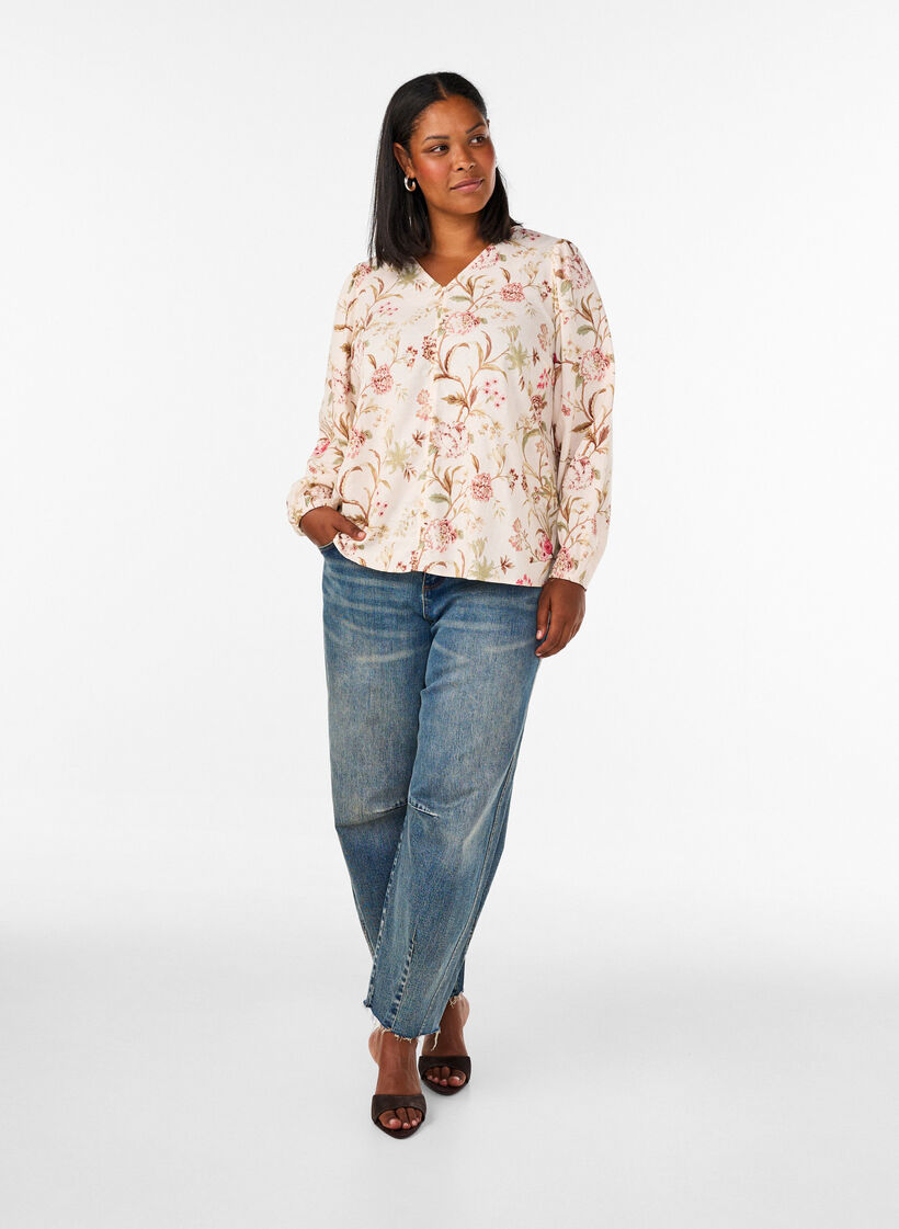 Gebl&uuml;mte Bluse aus Leinen und Viskose mit langen &Auml;rmeln, Vanille, Model image number 1