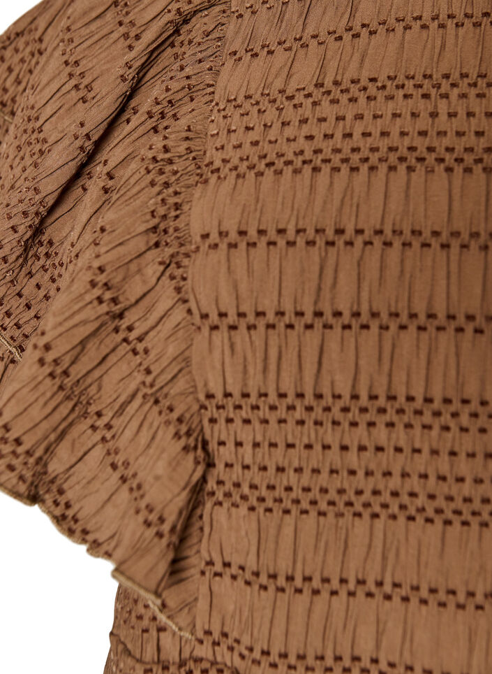 Bluse mit gesmokter Textur und R&uuml;schen&auml;rmeln, Braun, Packshot image number 2