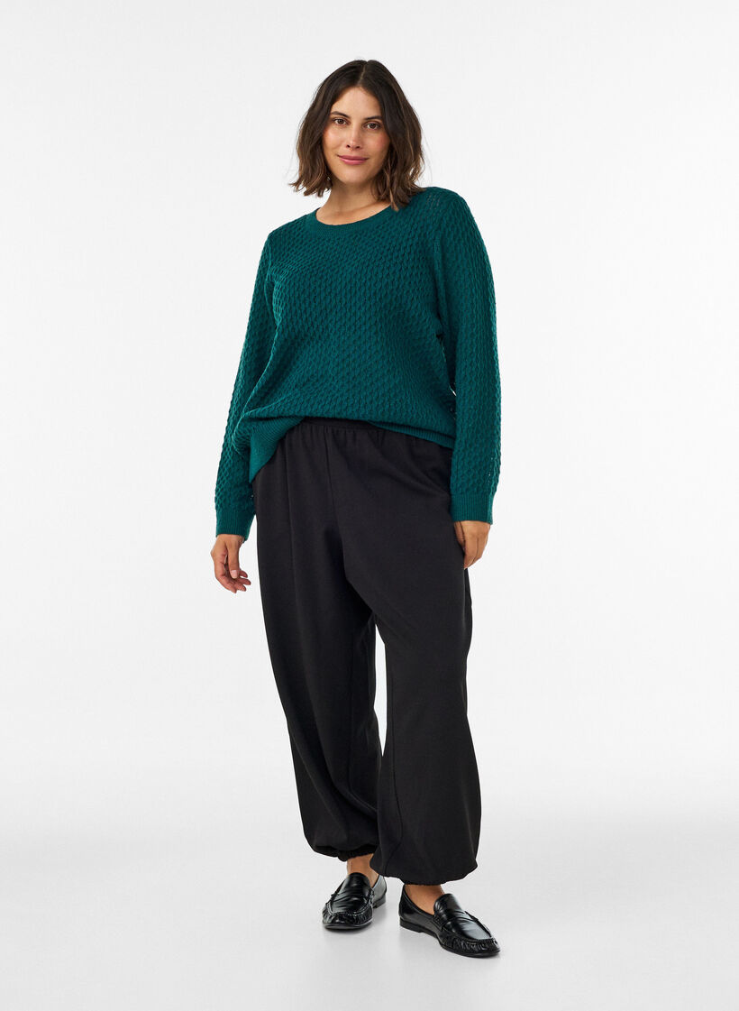 Strickbluse mit strukturiertem Lochmuster, Gr&uuml;n, Model image number 1