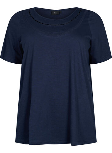 T-Shirt aus Baumwolle mit Spitzenband, Navy Blazer, Packshot image number 0