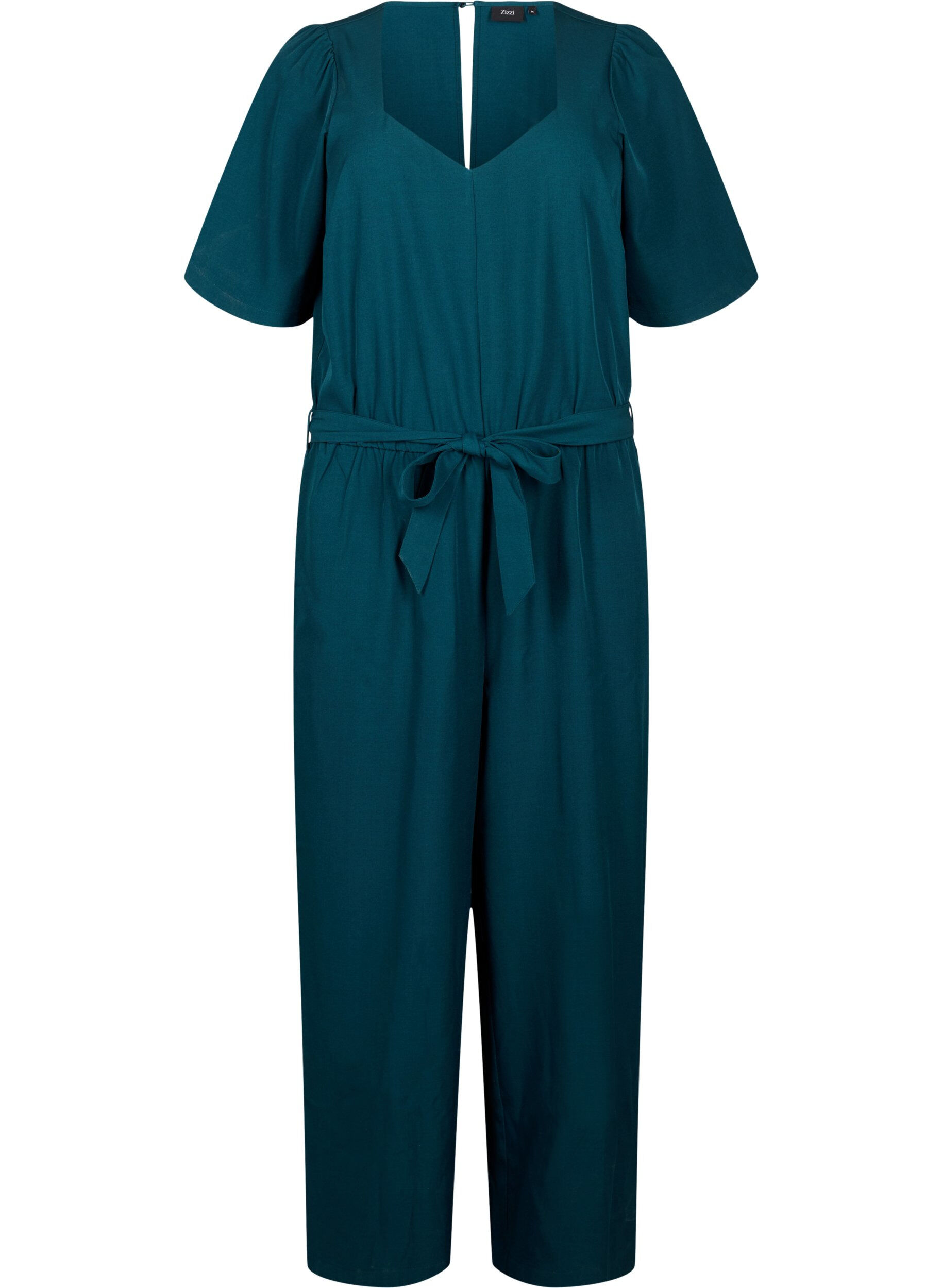ZizziJumpsuit mit G&uuml;rtel und kurzen &Auml;rmeln, Sea Moss Melange, Packshot image number 0