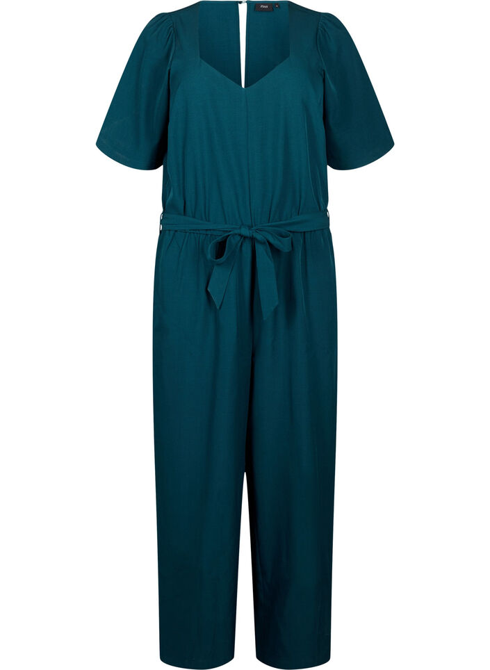 Jumpsuit mit Gürtel und kurzen Ärmeln, Sea Moss Melange, Packshot image number 0