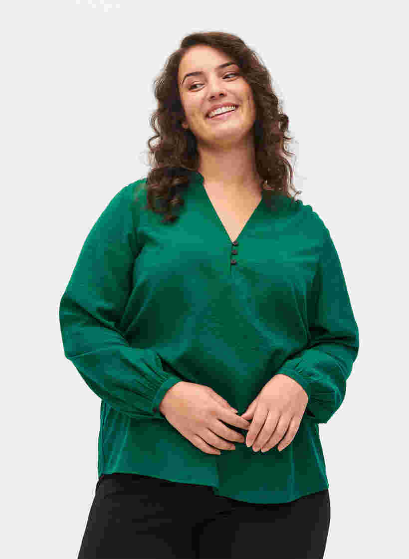 Langärmelige Bluse aus Viskosemischung, Evergreen, Model