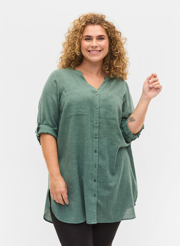 Lange Hemdbluse mit 3/4-Ärmeln und V-Ausschnitt, Balsam Green, Model image number 0