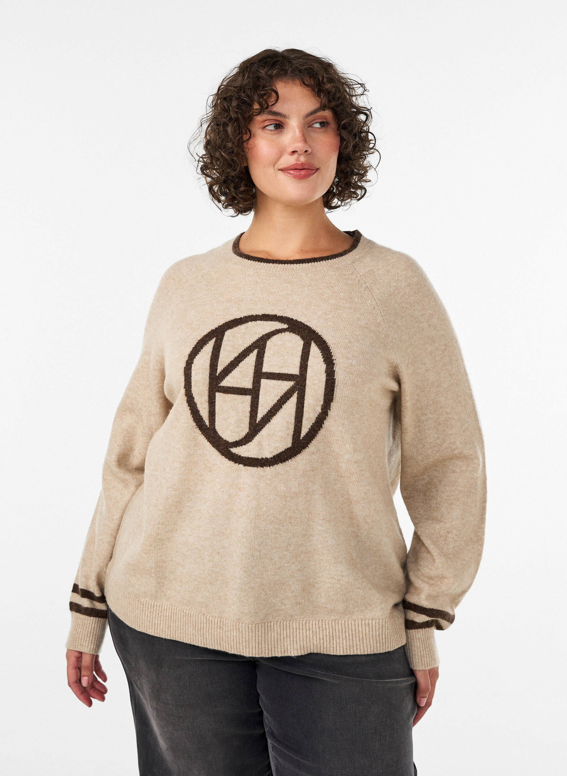 ZizziPullover mit Logo und Kontraststreifen, Beige, Model image number 0