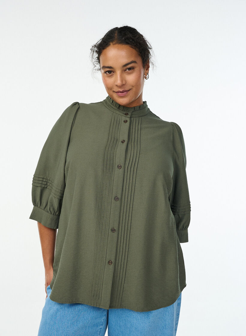 Bluse mit 3/4-Ärmeln und dekorativen Falten, Grün, Model image number 0