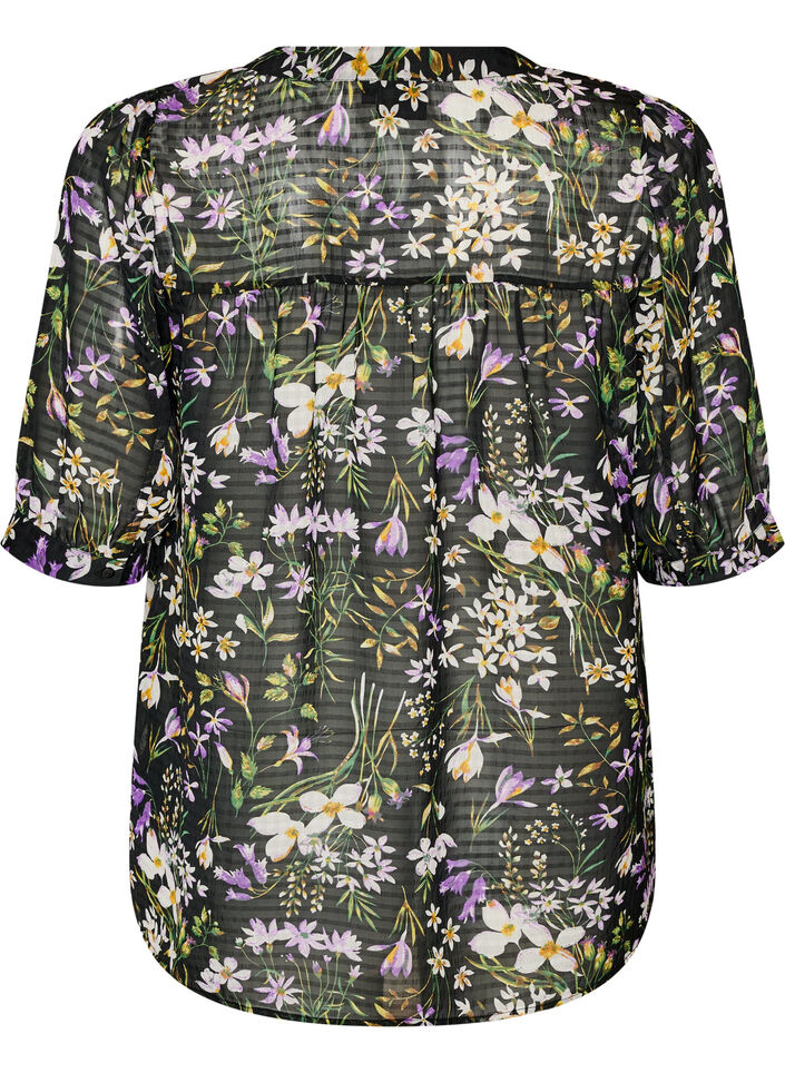 Gebl&uuml;mte Bluse mit V-Ausschnitt, Schwarz, Packshot image number 1