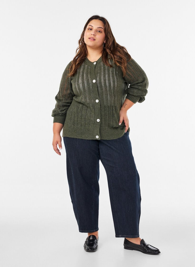 Strickjacke mit Lochmuster, Gr&uuml;n, Model image number 1