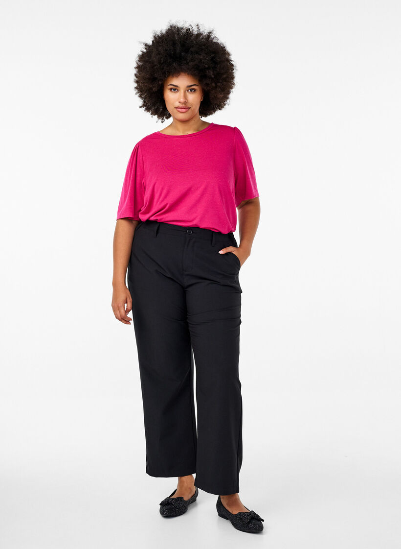 T-Shirt mit Glitzer und kurzen Puffärmeln, Pink, Model image number 1