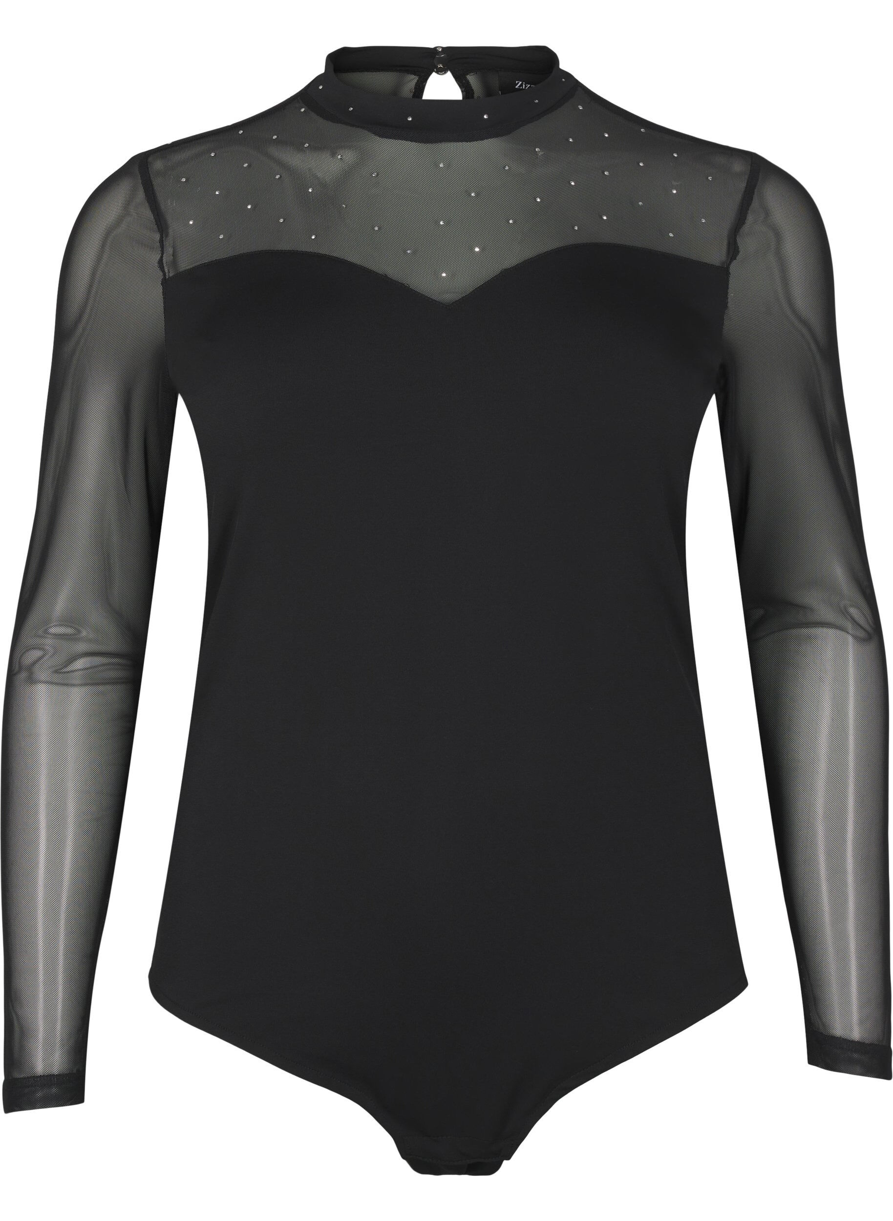 ZizziBody mit Nieten und langen Mesh-&Auml;rmeln, Black, Packshot image number 0