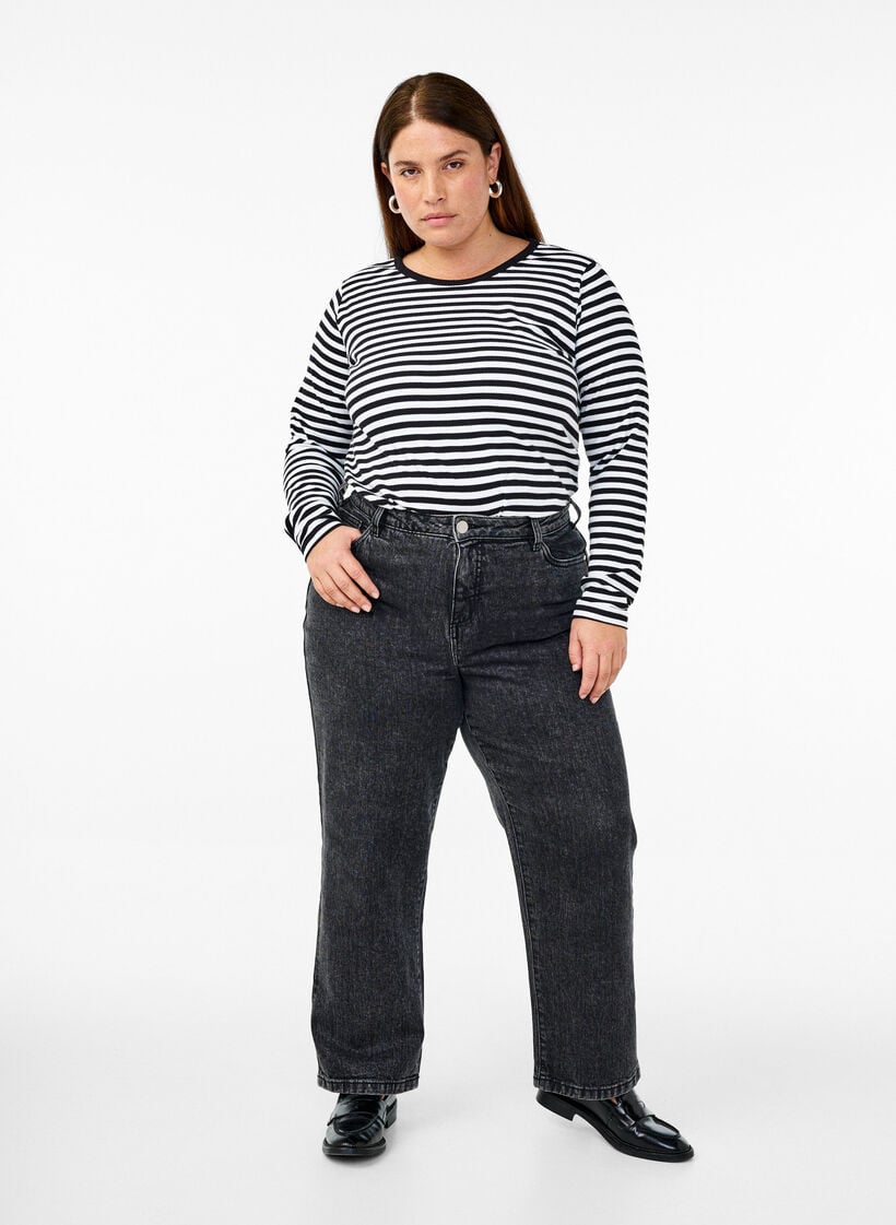 Gestreifte Bluse mit langen &Auml;rmeln, Schwarz, Model