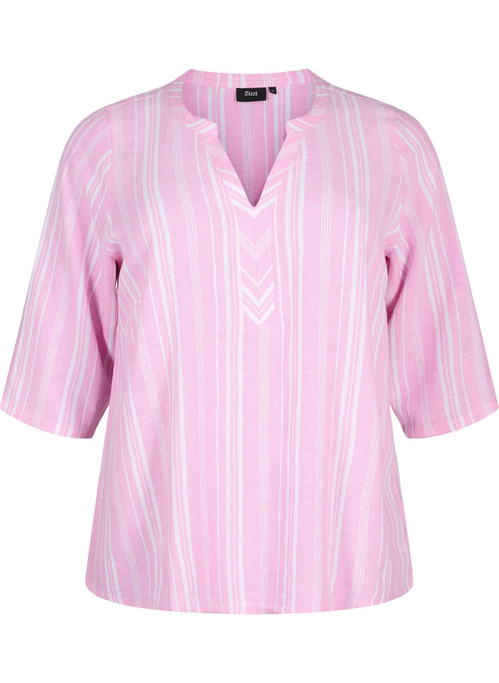 Gestreifte Bluse aus einer Leinen-Viskose-Mischung, Pink, Packshot image number 0