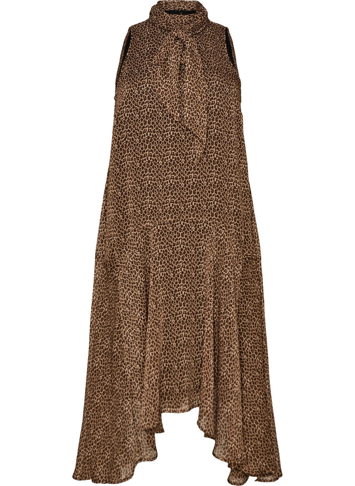 Midikleid aus Chiffon mit Leo-Print und Bindeband in der Taille, Braun, Packshot image number 0
