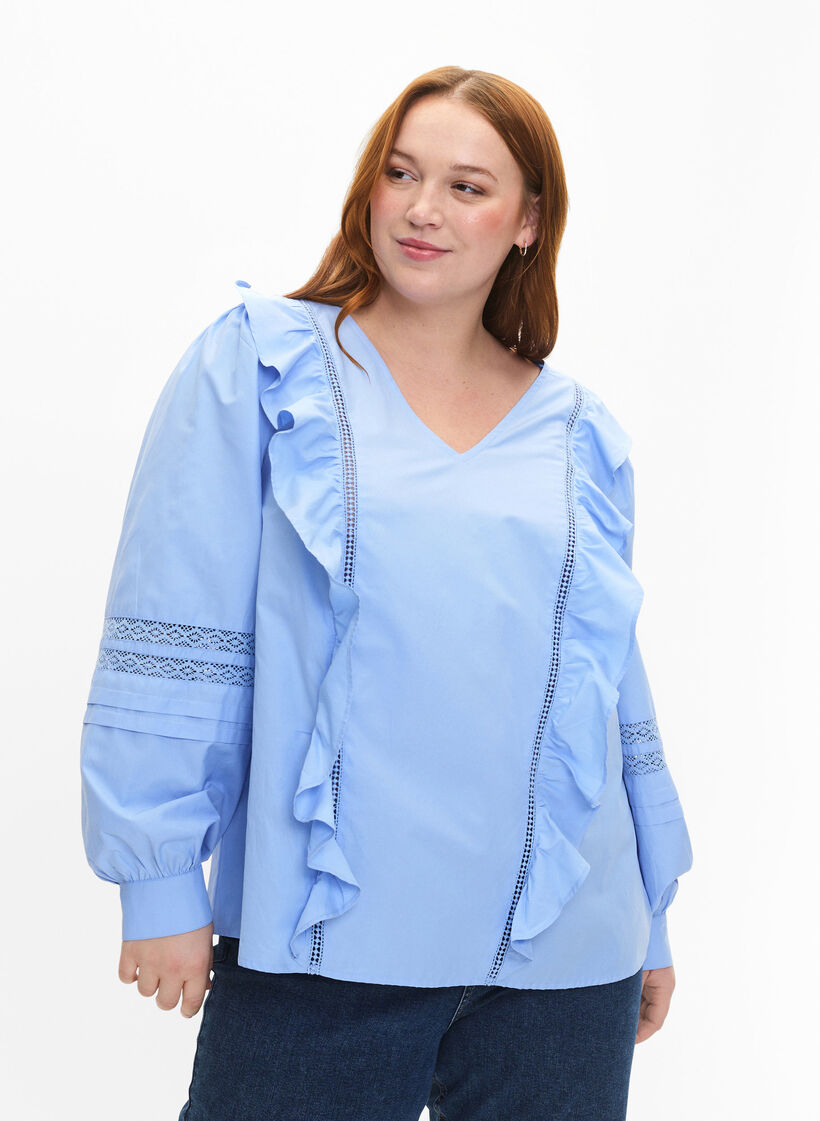 Bluse mit Ruffles und Lace Trim, Blau, Model image number 0
