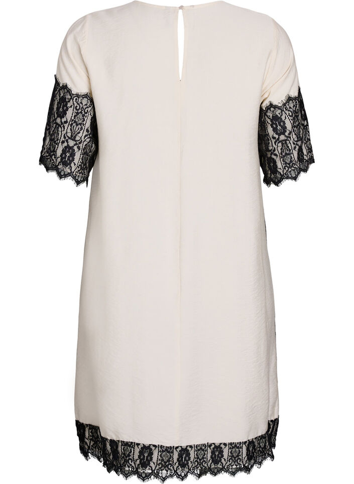 Kurzes Kleid mit kontrastfarbenen Spitzeneins&auml;tzen, Beige, Packshot image number 1