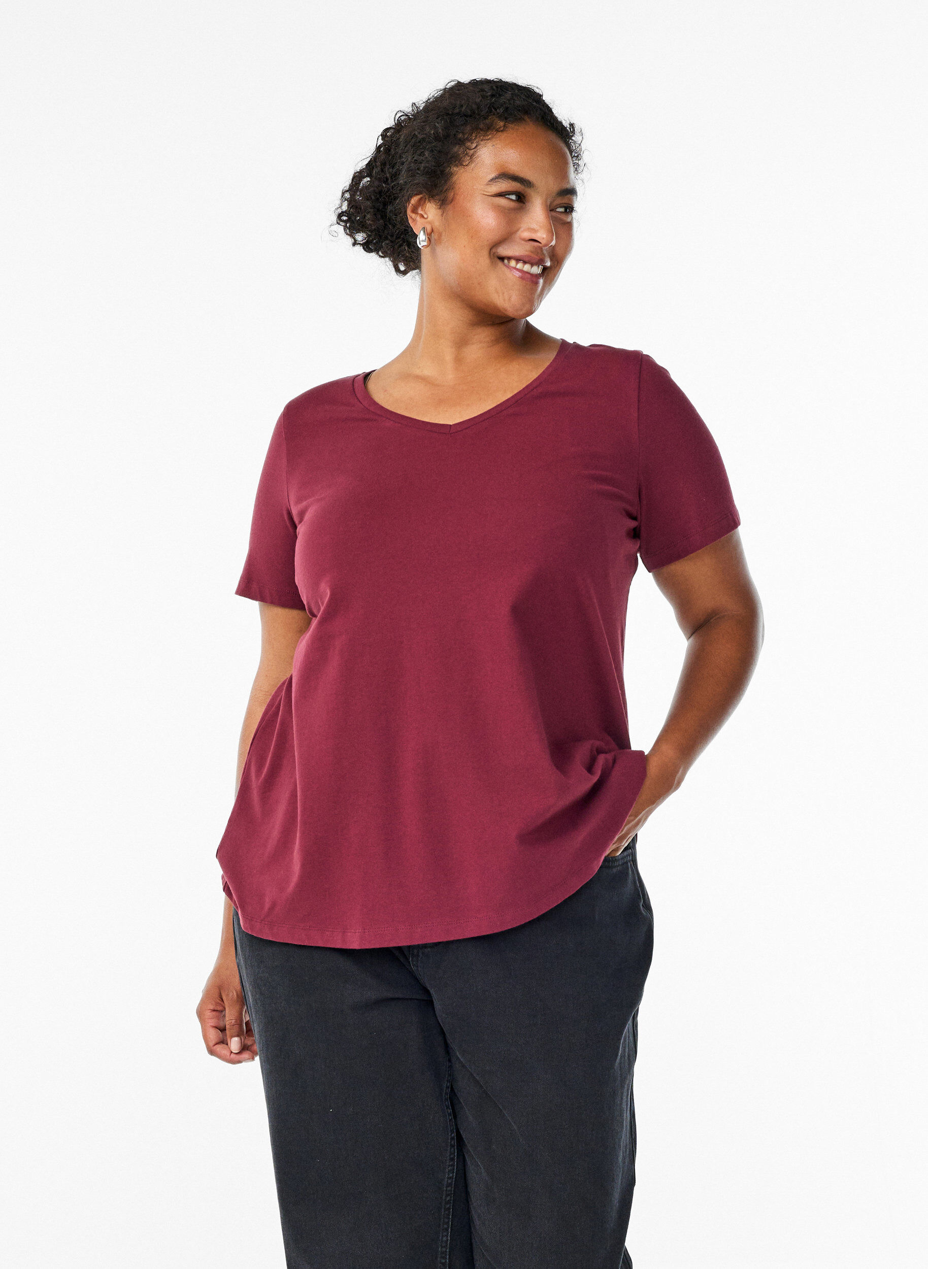 ZizziEinfarbiges basic T-Shirt aus Baumwolle, Dunkles Bordeaux, Model image number 0